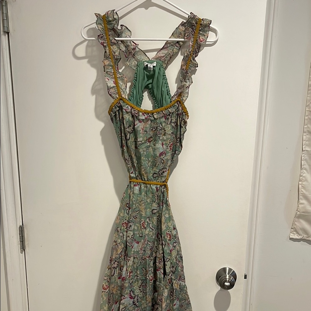 Current Air Green and Gold Ruffled Halter Sundress